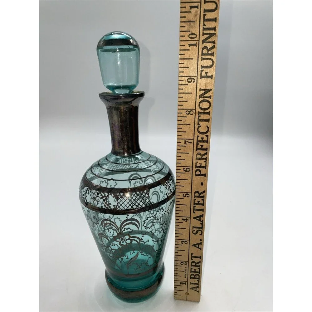 VINTAGE Art Deco Venetian Hand Blown Silver Overlay Glass Decanter 3 Cordials